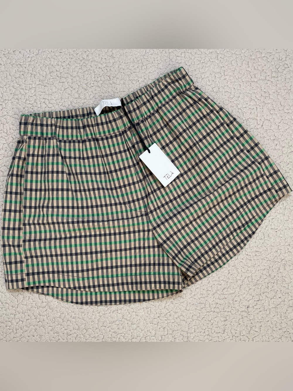 Tela 9 Oberon Blue Green Check Pull On Elastic Waist Trouser Shorts
